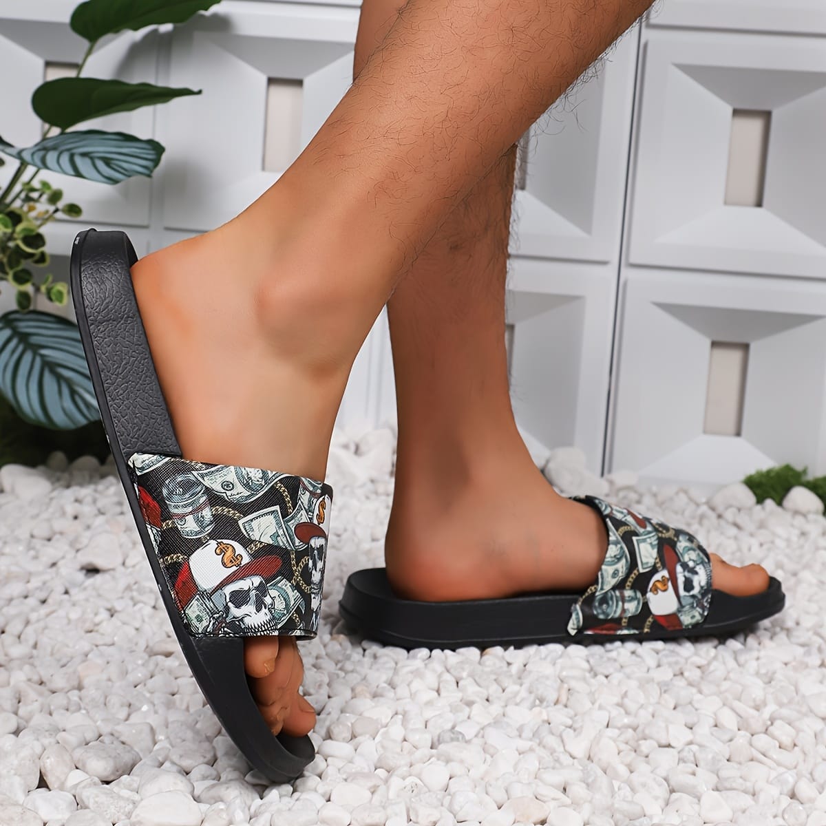 Unisex Black Slip-On Slippers with Skull & Money Print - Lightweight EVA Indoor/Outdoor Casual Shoes for Men & Women, All-Season Comfortable Beach Sandals, Summer Footwear, Adventurous Style, Breathable Fabric Lining, Indoor Footwear, Trendy Footwear, Durable Sandals, Slipresistant Footwear, Home Footwear