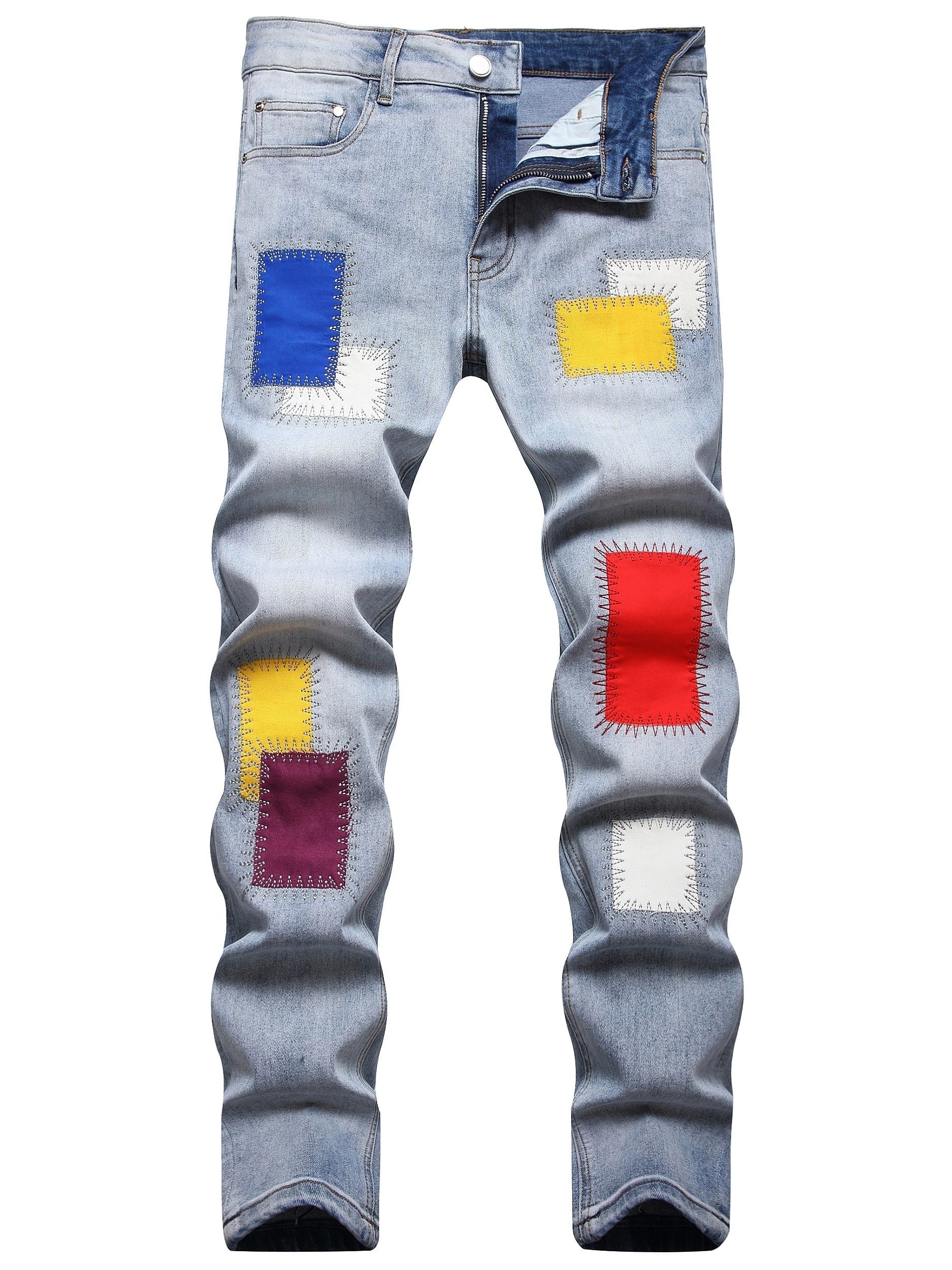 Men's Patchwork Embroidered Slim-Fit Stretch Denim Jeans For Outdoor Activities