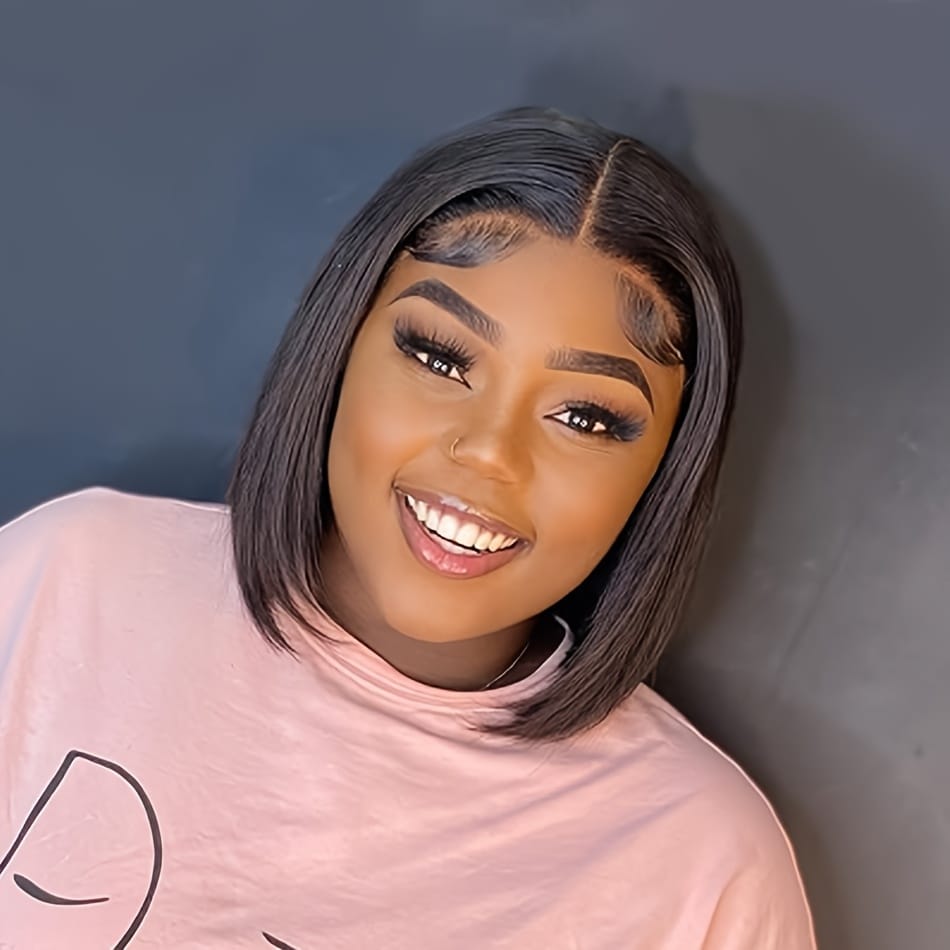 A 13X4 Lace Front Human Hair Wig Featuring a Short Straight Bob Style, Complete with Baby Hair And Pre-Plucked HD Lace. This Brazilian Remy Human Hair Wig for Women Has a Density of 150%.