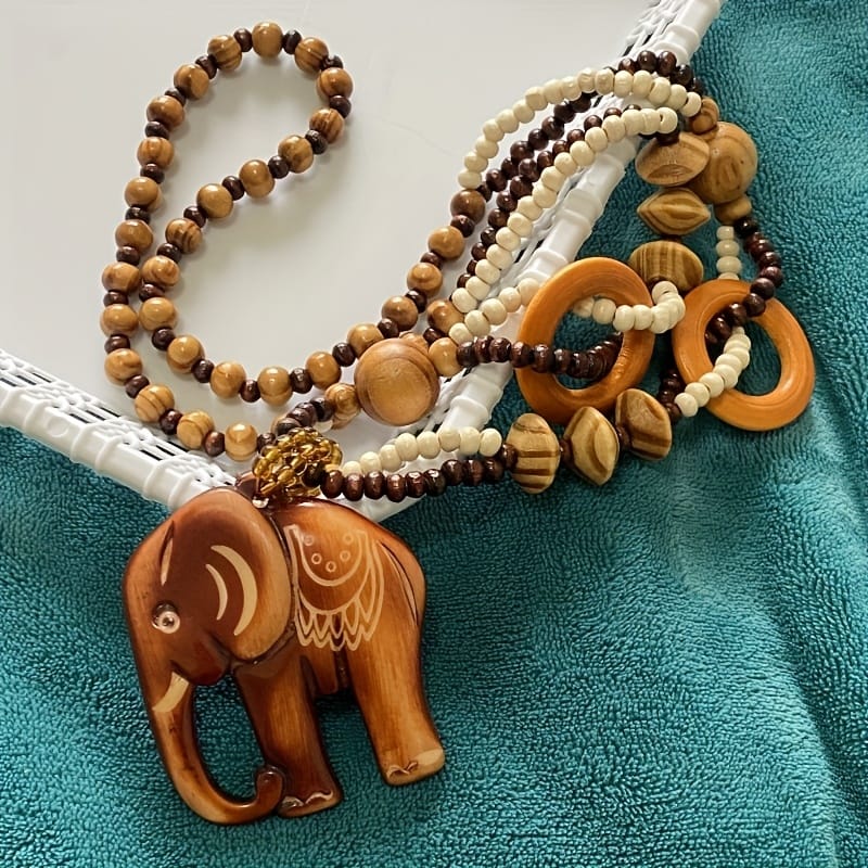 Handcrafted Wooden Ivory Elephant Pendant Necklace - Bohemian Vintage Unisex Jewelry with Bead Accents, Natural Wood Grain Texture for Men & Women, Year-Round Festival & Party Accessory, Elephant Jewelry, Versatile Fashion Piece, Minimalist Design, Earthy Tone Beads