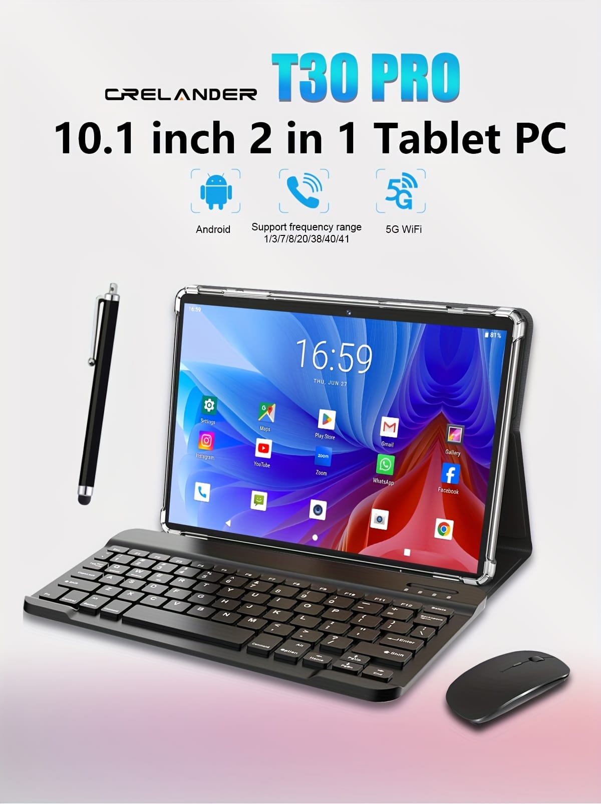 CRELNADER 10.1 Inch Tablet Android 13 Deca Core 6GB(3GB+ 3GB expand)+128GB Rom 2.4G/5G WiFi 5000mAh 1280x800 HD Touch Screen 5MP+13MP DUAL Camera 4G LTE with Case, Mouse, Stylus, Keyboard, 2in 1 Tablet PC