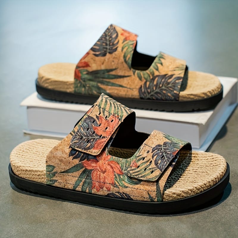 Men's Slip-On Sandals - Tropical Floral beach shoes with Quick-Dry PU Upper & Cushioned EVA Insole - Non-Slip PVC Sole for Pool, Vacation, Casual Outdoors - Slip Resistant Footwear Brown/Green/Red/Blue/Black/Orange/White/ - Lightweight Summer Footwear for Men, Poolside Footwear, Stylish Slipons, Durable Trivet Sole, Vacation Slides, Trendy Slides, Breathable Slides, Outdoor Enthusiasts