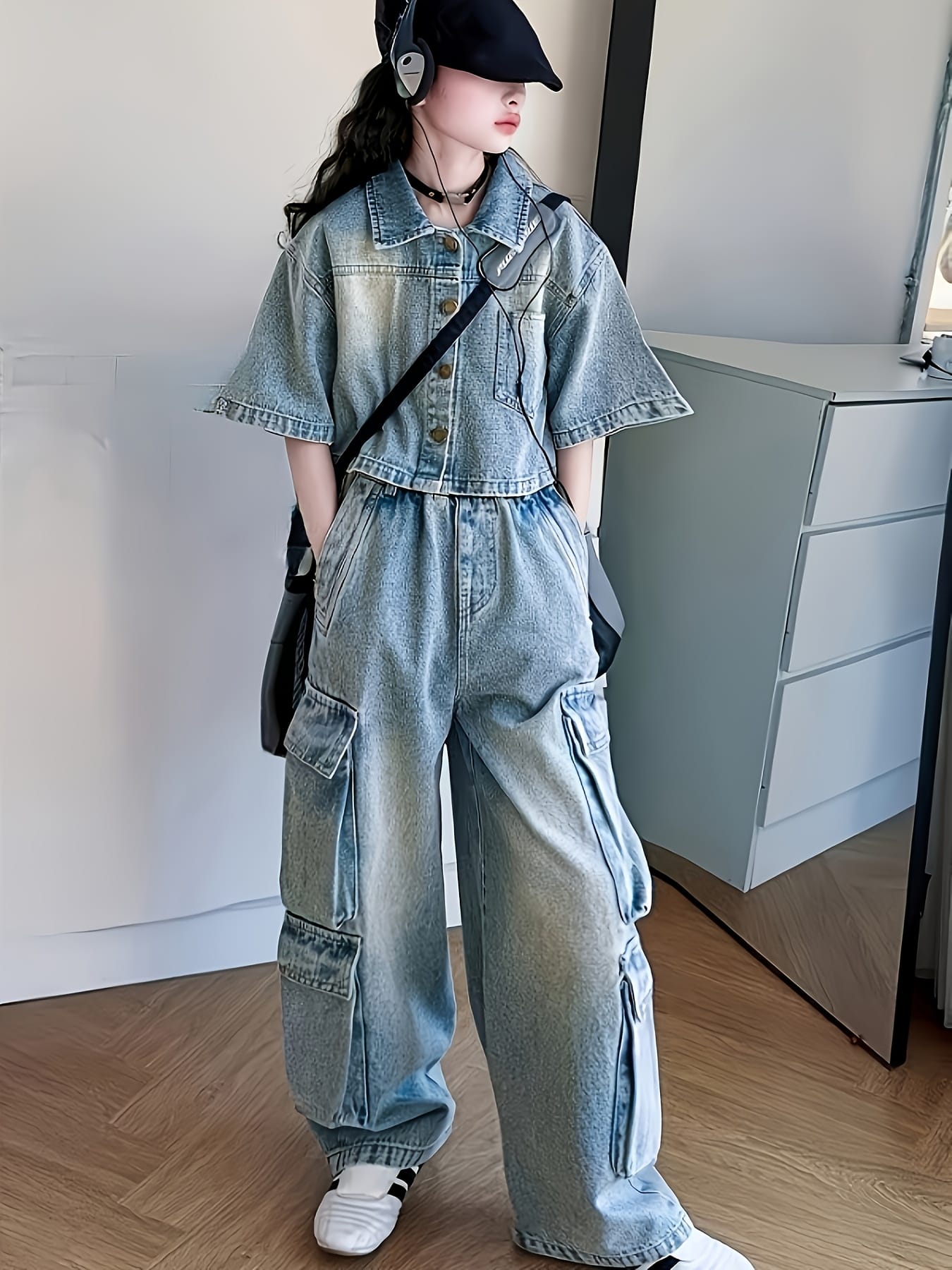 Fashionable Girls' Two-Piece Faux Denim Set, Short-Sleeve Jacket + Cargo Pants Outfit, 2025 New Arrival, Autumn And Winter Collection, Back-To-School Season Wear, Cool Style, Trendy And Versatile, for Outdoor