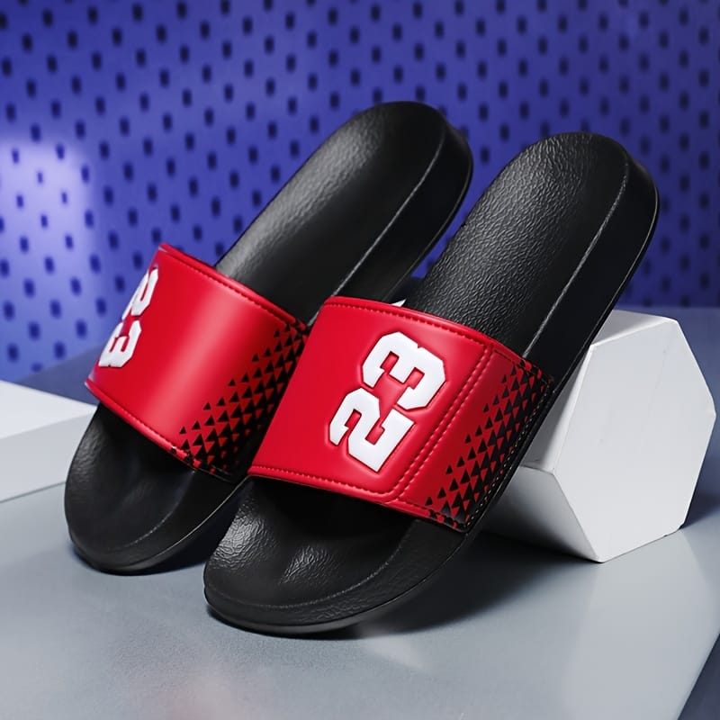 Men's Retro Streetwear Slip-On Sandals - Anti-Slip EVA Foam Casual Shoes with Checkerboard Pattern & Bold '23' Design, Black/Red Colorway for Indoor/Outdoor Use in Spring Summer Fall, Versatile Footwear, Slipresistant Footwear, Indoor Slippers, Urban Style, Durable Footwear, Antislip Soles, Casual Attire