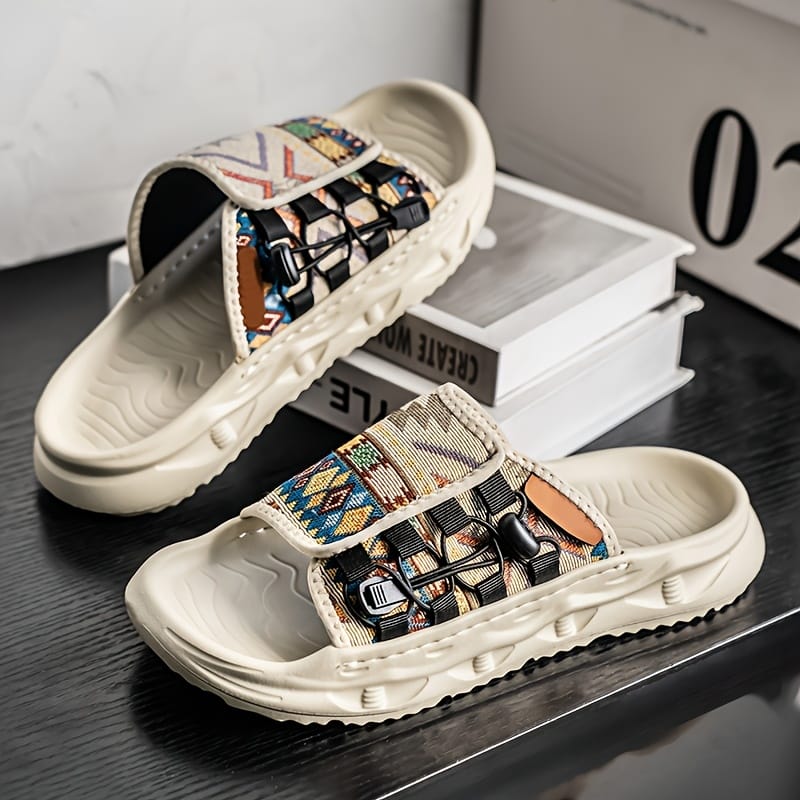 Men's Slip-On Sandals with Colorful Geometric Pattern - Soft EVA Sole, Breathable PU & Fabric Upper for Casual Outdoor Beach Wear - Lightweight Comfortable Round-Toe Design, Leisure Footwear | Vibrant Pattern Footwear | Durable Traction Sole
