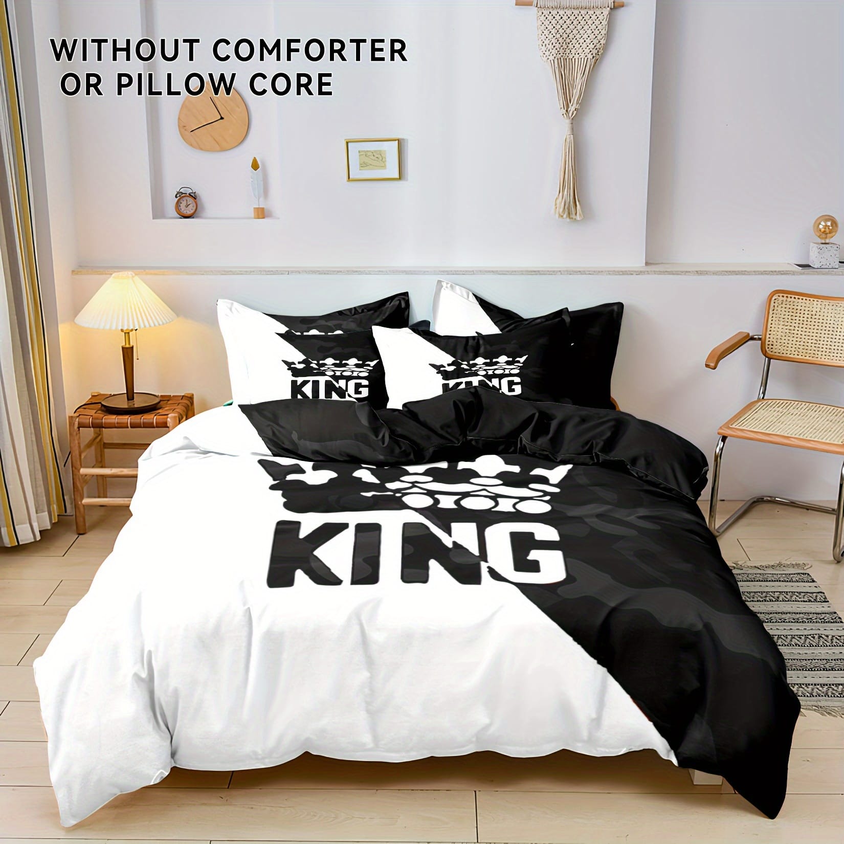 3pcs Soft & Breathable Polyester Duvet Cover Set - King & Crown Print, Includes 1 Duvet Cover and 2 Pillowcases, Perfect for Bedroom & Guest Room, Machine Washable