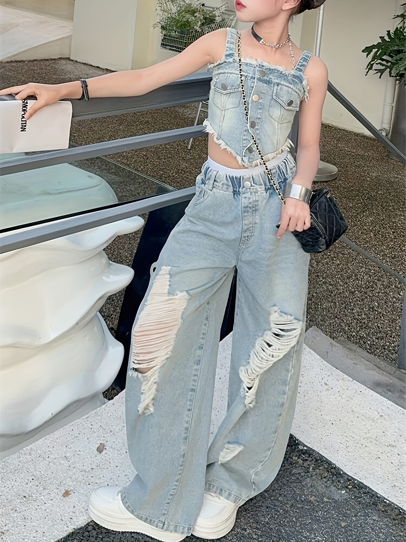 Fashionable Summer Denim Outfit for Girls, Featuring a Trendy Two-Piece Set with Wide-Leg Pants And a Camisole, for Outdoor