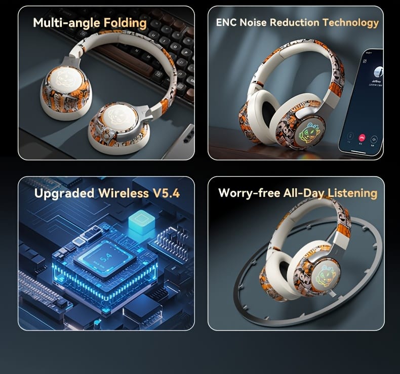 15-Hour Battery Life, Wireless Over-Ear Headphones with Lithium Battery - Low-Power Operation, Ideal for Gaming & Music, Outdoor Use, Push Button Control, Volume Control, No Charging Case, Gaming Headphones|Graffiti Design Headphones|Pushbutton Control Headphones