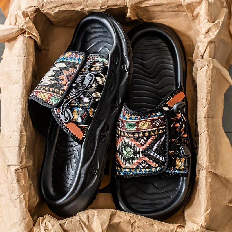 Men's Slip-On Sandals with Colorful Geometric Pattern - Soft EVA Sole, Breathable PU & Fabric Upper for Casual Outdoor Beach Wear - Lightweight Comfortable Round-Toe Design, Leisure Footwear | Vibrant Pattern Footwear | Durable Traction Sole