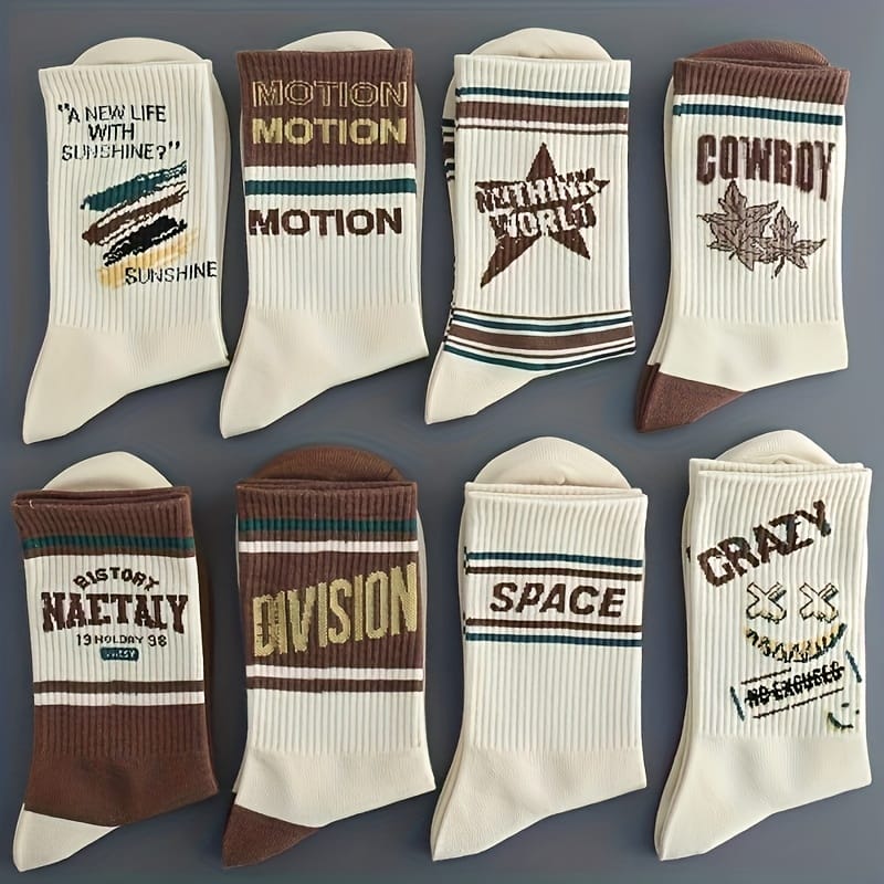 4/8 Pairs Retro Letter Print Casual Socks for Men & Women - Mid-Calf Athletic Socks with Bold Graphic Design, Breathable Polyester, Hand Wash/Dry Clean, Vintage Style for Casual Attire, Socks, Everyday Footwear, Stylish Lettering, Durable Socks, Comfortable Sock Material, Everyday Essentials, Sporty Look, Soft Sock Material, Unisex Socks, Casual Wearers