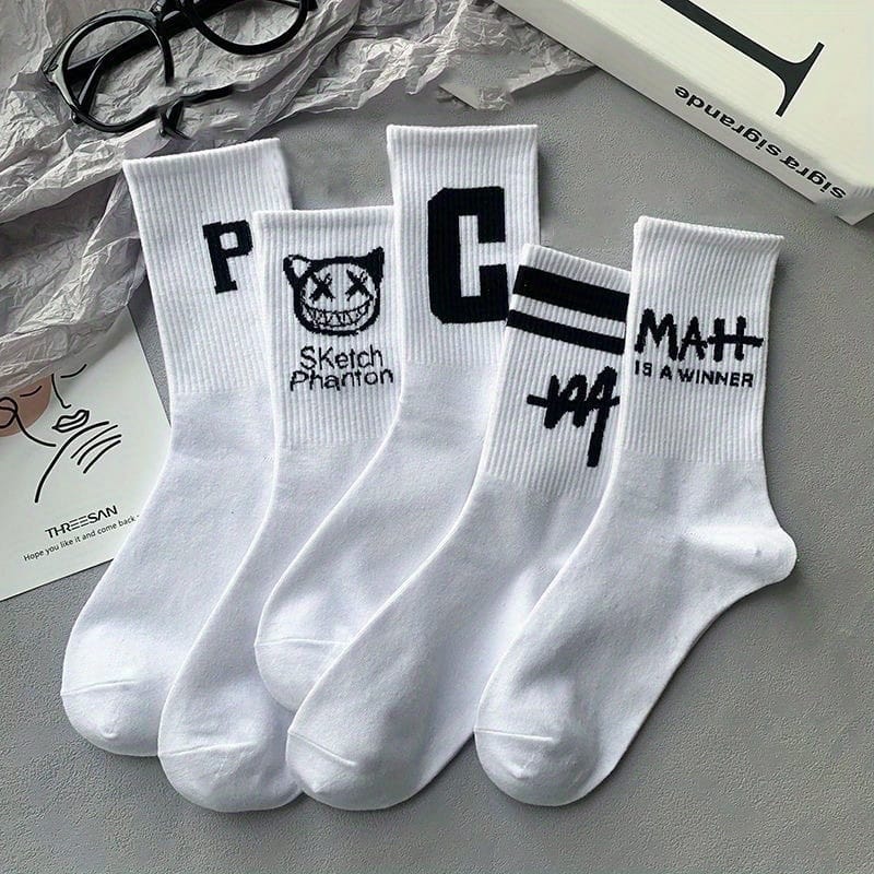 5/10 Pairs Black & White Mid-Calf Socks - 97% Polyester 3% Spandex, All-Season Comfort, Solid Black & White, Durable Knit Fabric, Hand Wash/Dry Clean, Versatile Casual Wear