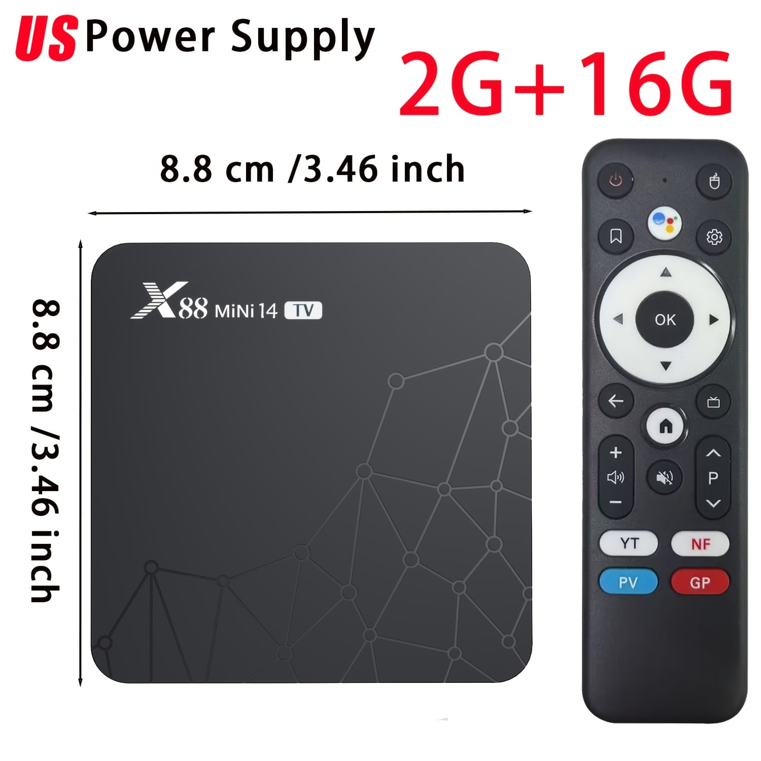 88 MINI 14 TV Android 14 TV Box | 4K@60Hz HDR 8K Video Decoding | RK3518 Quad Core + Mali GPU | 2GB RAM+16GB ROM, US Power Plug | Dual Band WiFi 6 & BT 5.0 | Expandable to 64GB | HD 2.0b | Multi-Language Infrared Voice Remote Control | Portable for Home/Gaming/Travel