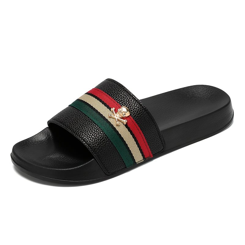 Men's Casual Slip-On Sandals with Striped Design & Metallic Buckle - Upper, EVA Cushioned Sole for Beach, Hiking, Daily Wear - All-Season Comfort, Strappy Sandals, Hiking Footwear, Modern Footwear, Durable Construction, Outdoor EnthusiastsSuitable for men & women