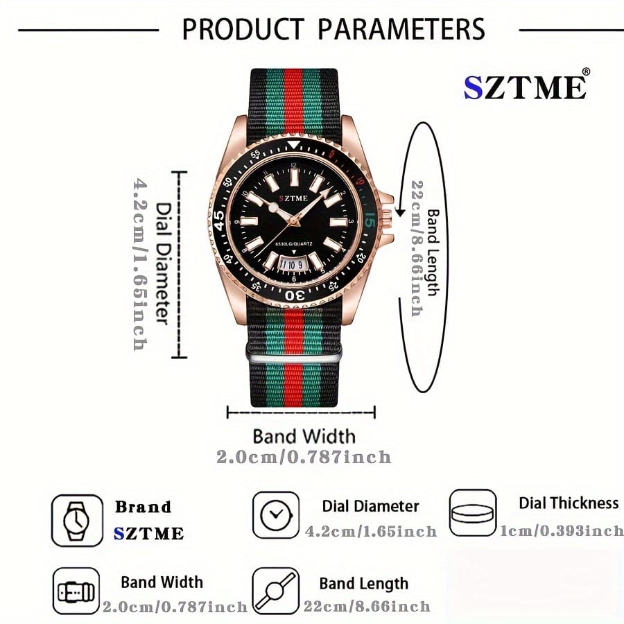 SZTME Trendy Men's Quartz Watch - Casual Fashion with Calendar & World Time, Rose Golden Case, Green/Black Plaid Nylon Strap, Alloy, Non-Waterproof for Casual Attire