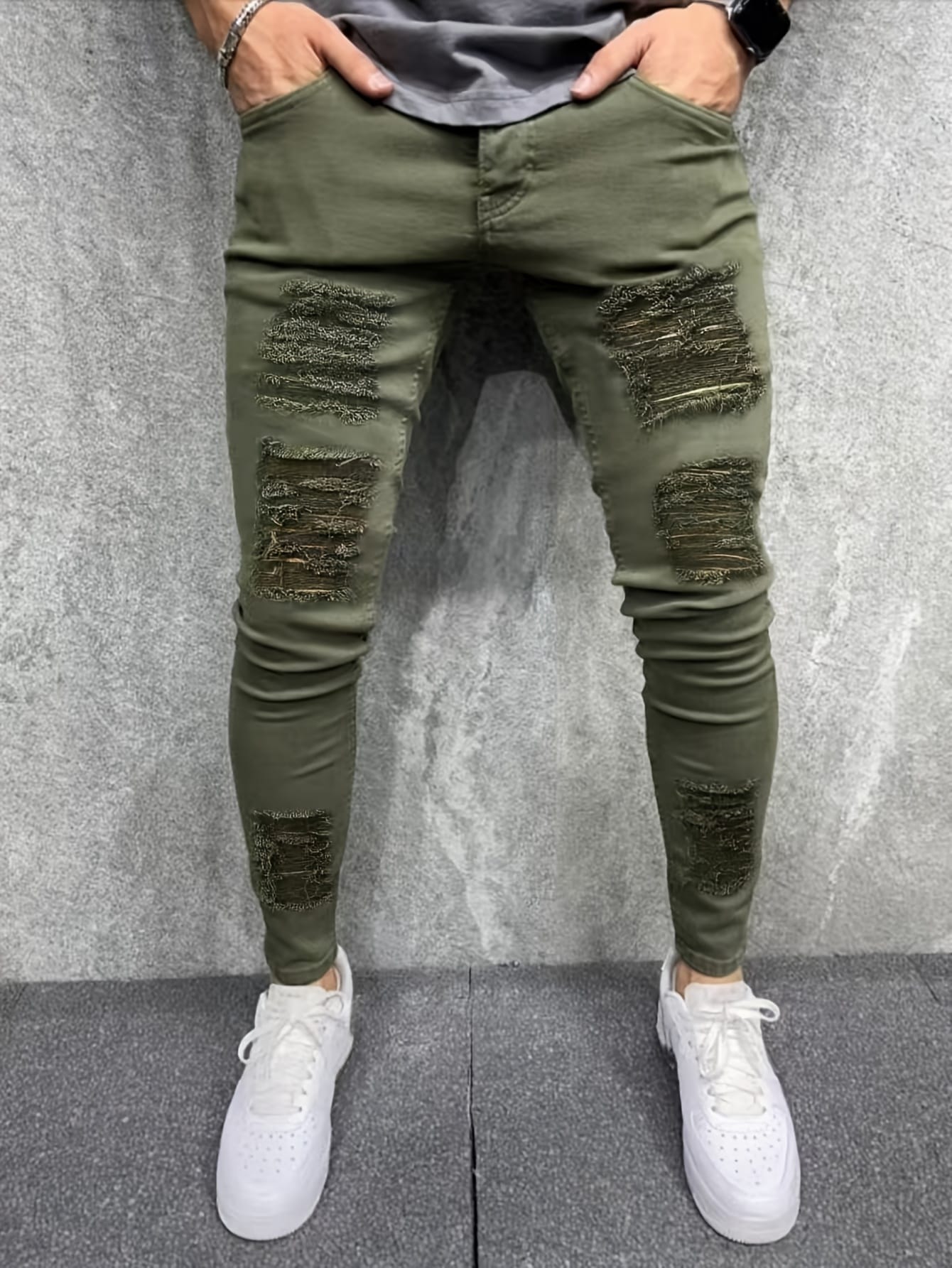 Cross-border New Style Ripped Jeans for Men Slim Fit High Street Trendy Stretch Pants