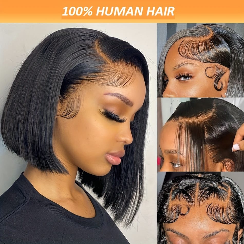 A 13X4 Lace Front Human Hair Wig Featuring a Short Straight Bob Style, Complete with Baby Hair And Pre-Plucked HD Lace. This Brazilian Remy Human Hair Wig for Women Has a Density of 150%.