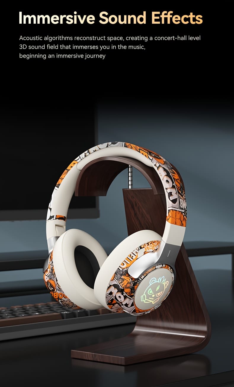 15-Hour Battery Life, Wireless Over-Ear Headphones with Lithium Battery - Low-Power Operation, Ideal for Gaming & Music, Outdoor Use, Push Button Control, Volume Control, No Charging Case, Gaming Headphones|Graffiti Design Headphones|Pushbutton Control Headphones