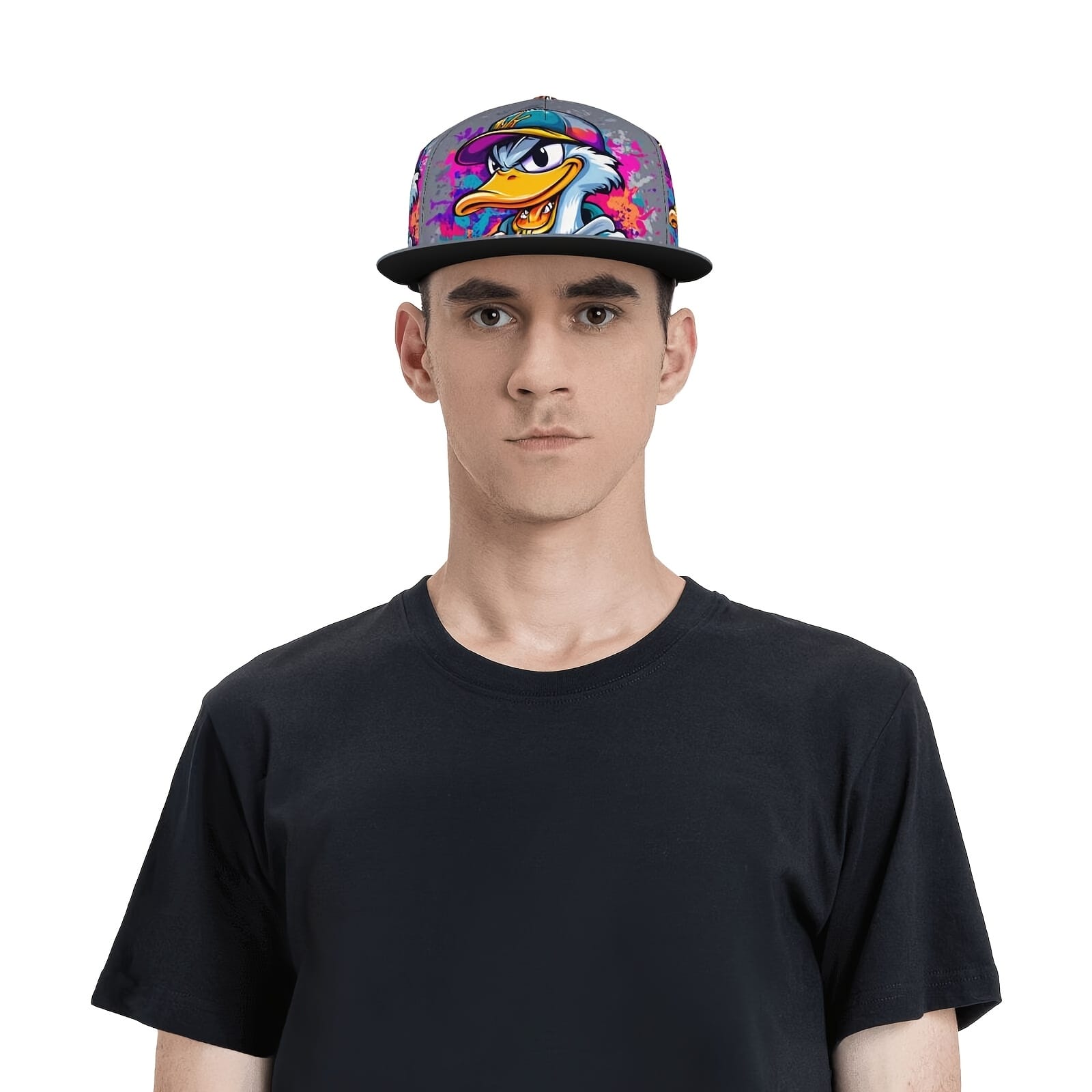 Unisex Adjustable Snapback Baseball Cap - Vibrant Graffiti Cartoon Duck Street Art Design, Lightweight 100% Polyester, Machine Washable, Flat Brim Trucker Hat for Men & Women, Perfect Gift for Father's Day, Mother's Day, Beach & Casual Wear