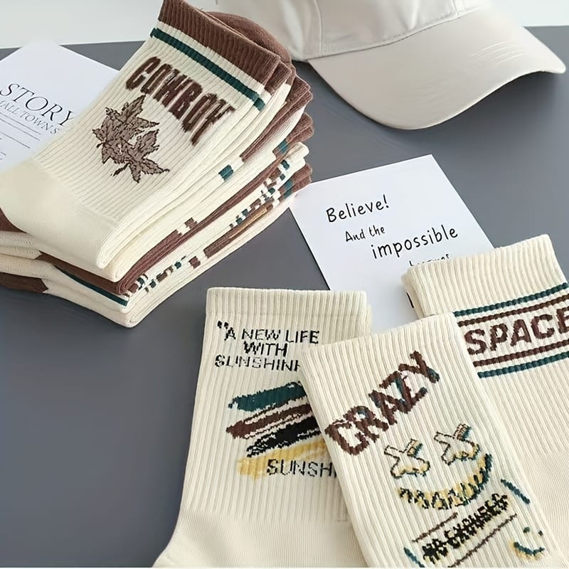4/8 Pairs Retro Letter Print Casual Socks for Men & Women - Mid-Calf Athletic Socks with Bold Graphic Design, Breathable Polyester, Hand Wash/Dry Clean, Vintage Style for Casual Attire, Socks, Everyday Footwear, Stylish Lettering, Durable Socks, Comfortable Sock Material, Everyday Essentials, Sporty Look, Soft Sock Material, Unisex Socks, Casual Wearers