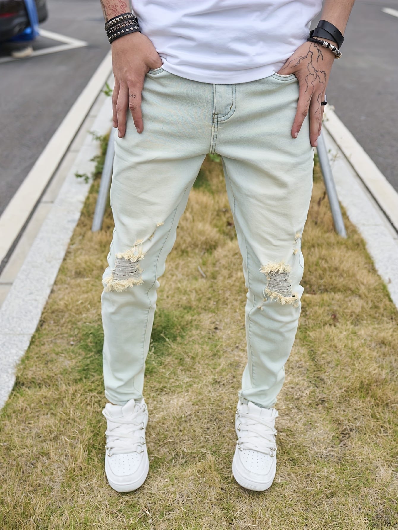 Men's Vintage Distressed Skinny Jeans - Light Blue Washed Stretch Denim with Frayed Hem & Ripped Knee, Slim-Fit Stretchable Classic Five-Pocket Pants for Casual & Semi-Formal Outfits (Machine Washable)