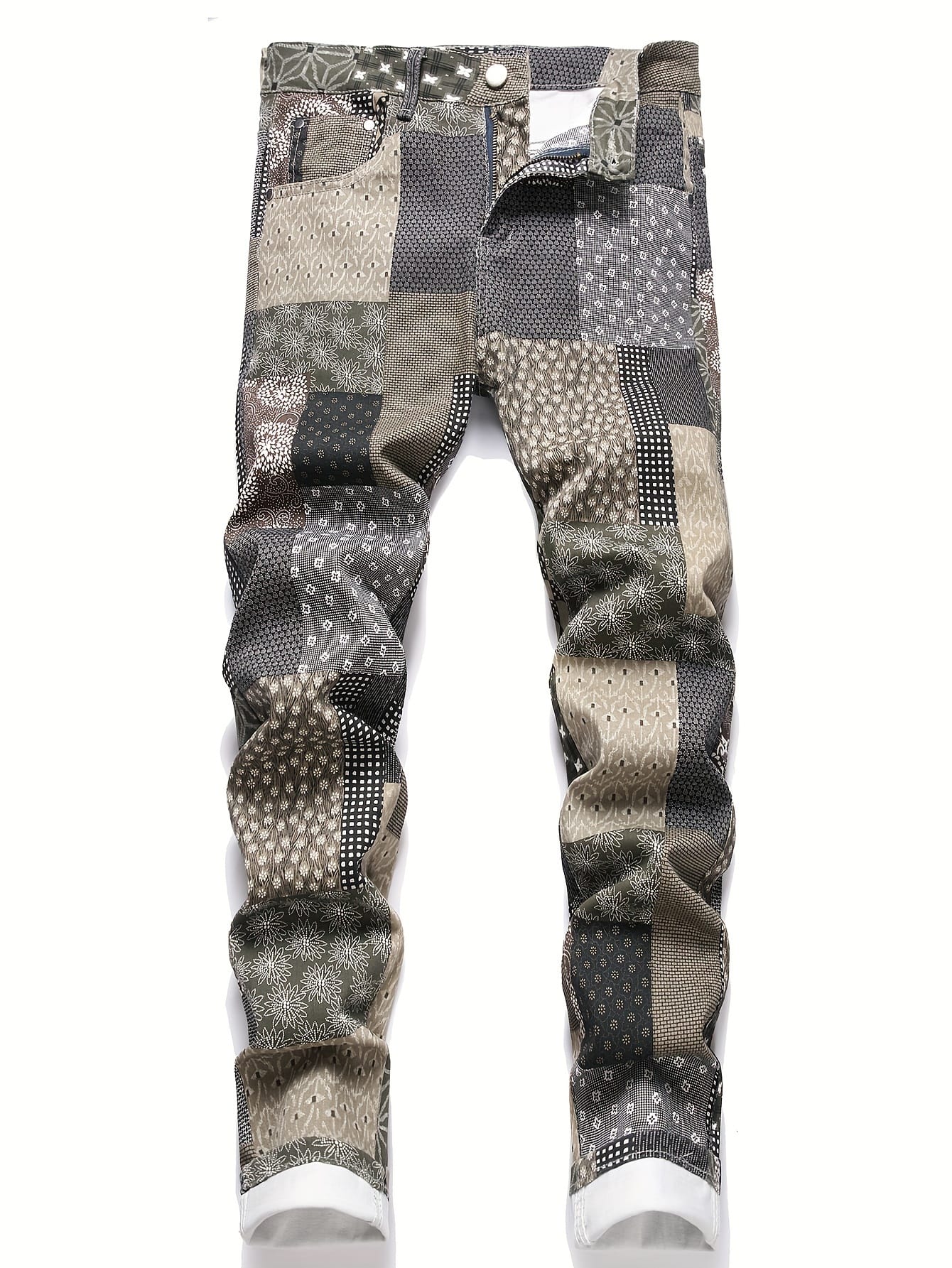 Stylish Patchwork Denim Jeans with Random Print Pattern