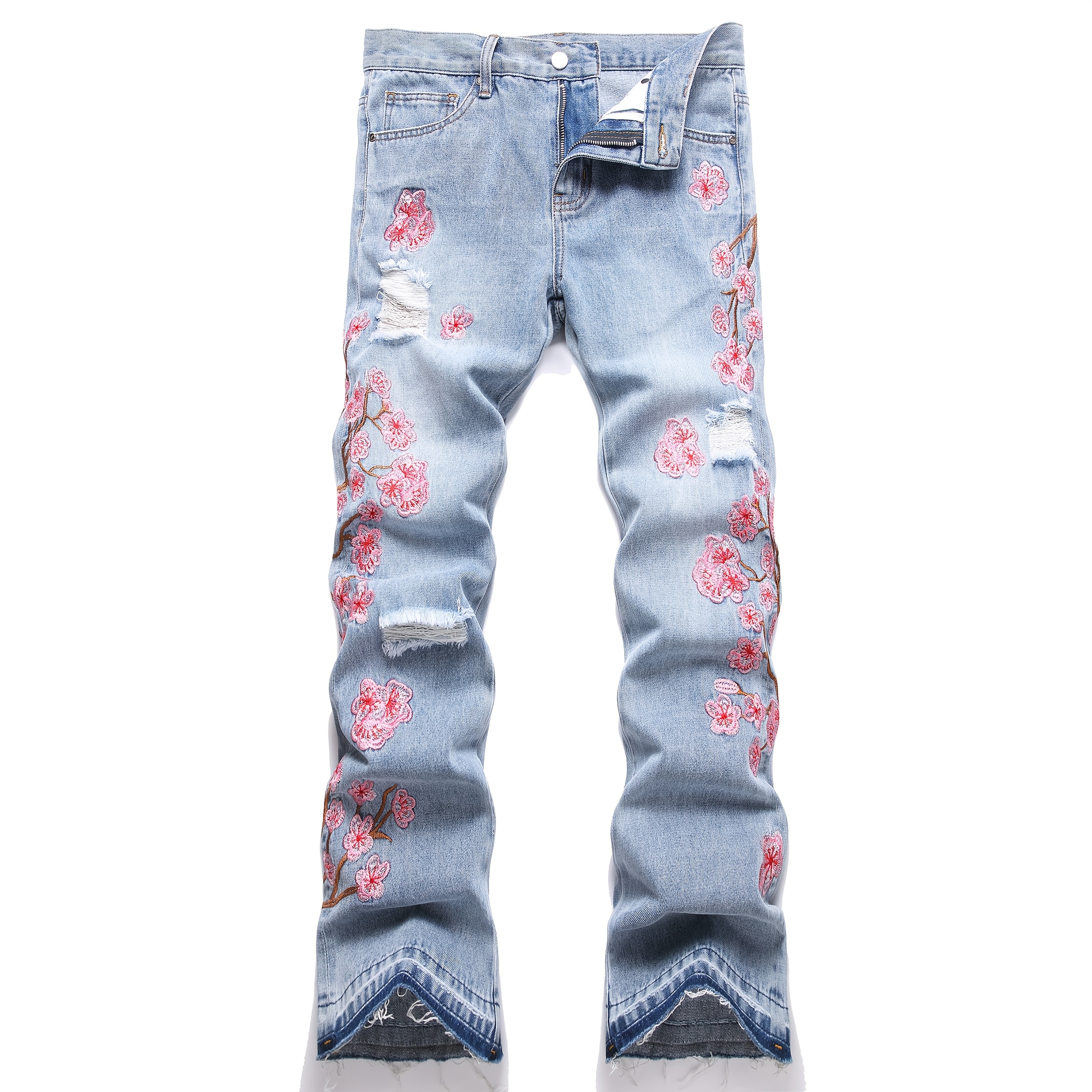 Cross-border New Men's European and American Street Fashion Loose Wide-Leg Non-Stretch Floral Embroidery Denim Flare Pants