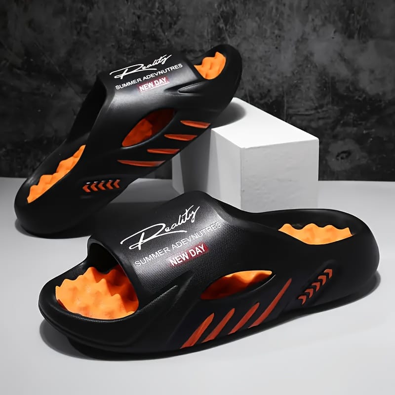 Mrs Hui Men's Summer Casual Beach Sandals - Slip-On Anti-Slip EVA Slippers with Massage Design, Black & Orange Stripes, Lightweight Durable for Outdoor, Poolside & Casual Wear, Beach Shoes, Outdoor Footwear, Sleek Slipon, Comfortable LiningSuitable for men & women