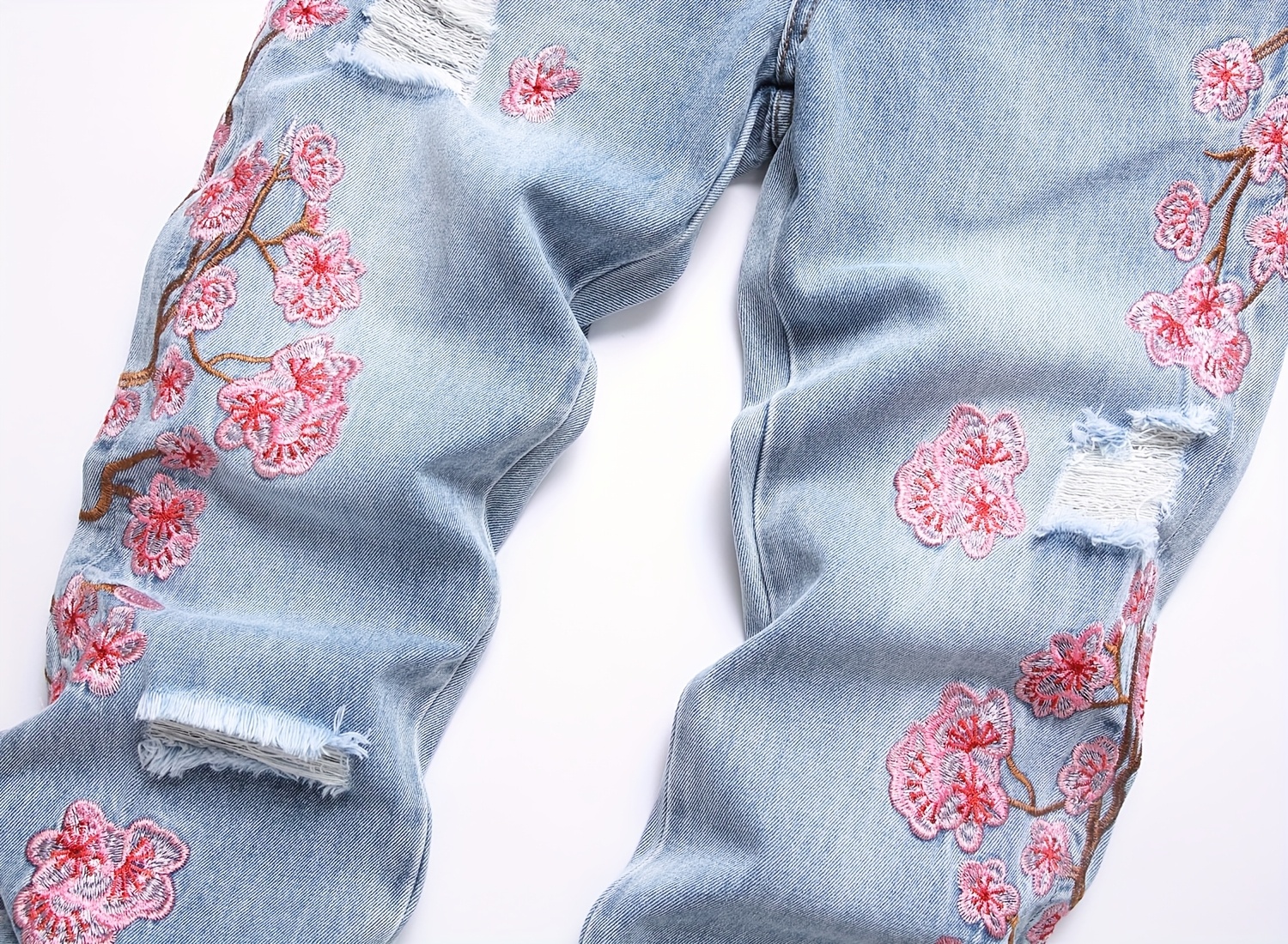 Cross-border New Men's European and American Street Fashion Loose Wide-Leg Non-Stretch Floral Embroidery Denim Flare Pants