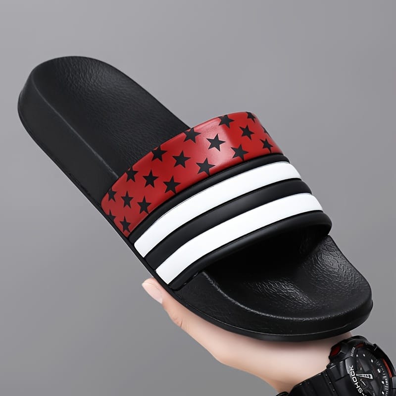 Men's Black Slides with Red & White Star Pattern - Non-Slip, Odor-Resistant Summer Slippers for Indoor & Outdoor Use, Comfortable EVA/PU Upper & Rubber Sole