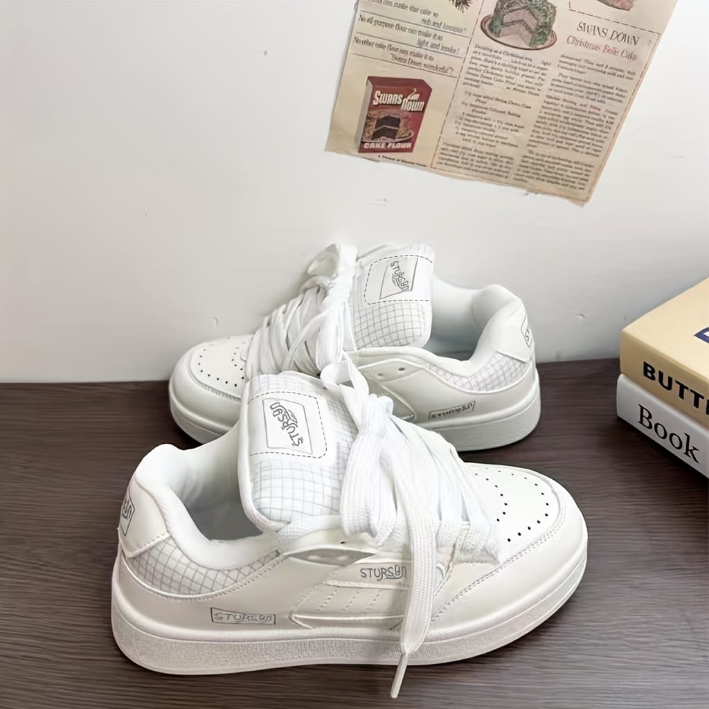 Women's Low-Top Sneakers - White Lace-Up Shoes, Synthetic Cover Upper & Non-Slip Rubber Sole, Cushioned Interior for Everyday & Formal Wear - All-Season Comfortable Casual Shoes for Women
