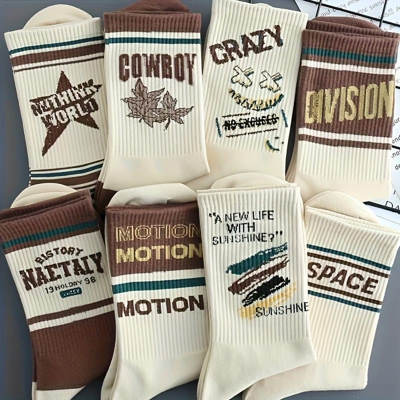 4/8 Pairs Retro Letter Print Casual Socks for Men & Women - Mid-Calf Athletic Socks with Bold Graphic Design, Breathable Polyester, Hand Wash/Dry Clean, Vintage Style for Casual Attire, Socks, Everyday Footwear, Stylish Lettering, Durable Socks, Comfortable Sock Material, Everyday Essentials, Sporty Look, Soft Sock Material, Unisex Socks, Casual Wearers