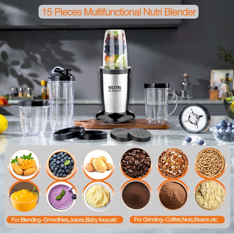 Smoothie Blender, Blender for Shakes and Smoothies, 15pcs Personal Blender and Grinder Combo for Kitchen Single Serve Mixer Blender for Juices Youngsters Food Nutritious Recipe with Brush, Juicing Station|Modern Kitchen Appliance|Durable Construction
