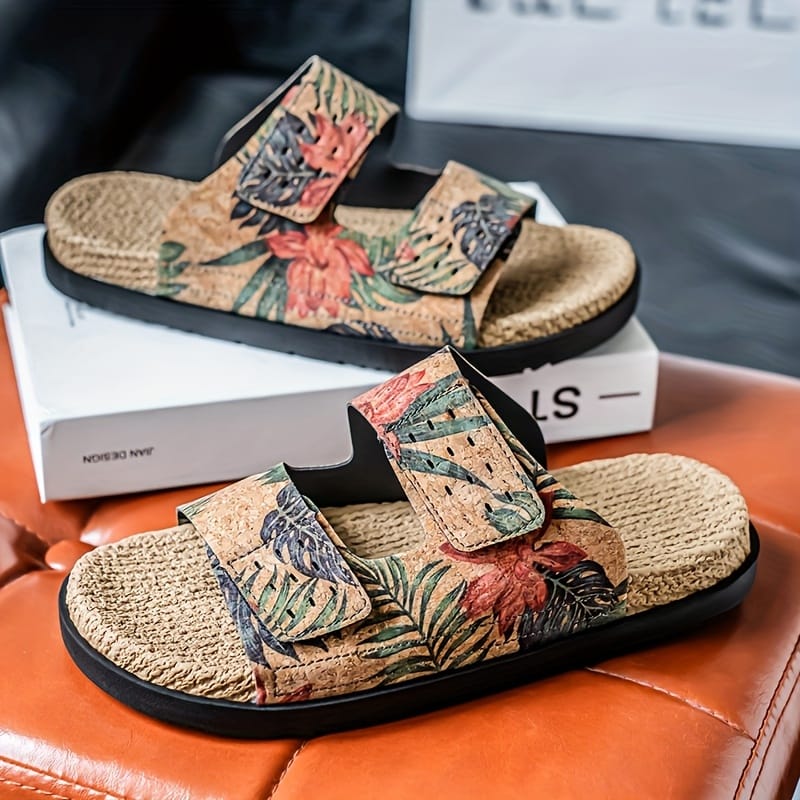 Men's Slip-On Sandals - Tropical Floral beach shoes with Quick-Dry PU Upper & Cushioned EVA Insole - Non-Slip PVC Sole for Pool, Vacation, Casual Outdoors - Slip Resistant Footwear Brown/Green/Red/Blue/Black/Orange/White/ - Lightweight Summer Footwear for Men, Poolside Footwear, Stylish Slipons, Durable Trivet Sole, Vacation Slides, Trendy Slides, Breathable Slides, Outdoor Enthusiasts