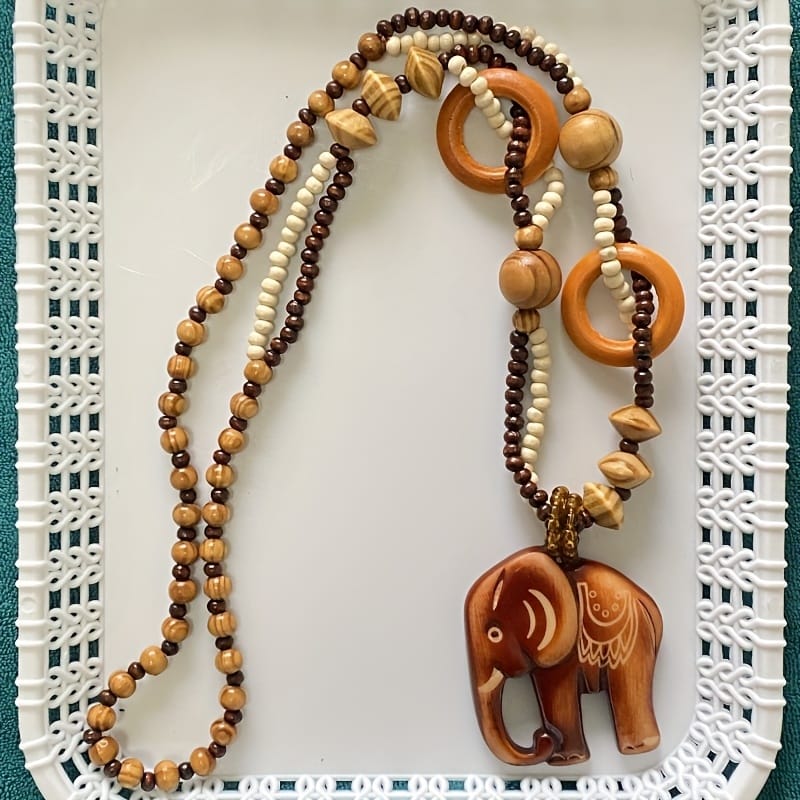Handcrafted Wooden Ivory Elephant Pendant Necklace - Bohemian Vintage Unisex Jewelry with Bead Accents, Natural Wood Grain Texture for Men & Women, Year-Round Festival & Party Accessory, Elephant Jewelry, Versatile Fashion Piece, Minimalist Design, Earthy Tone Beads