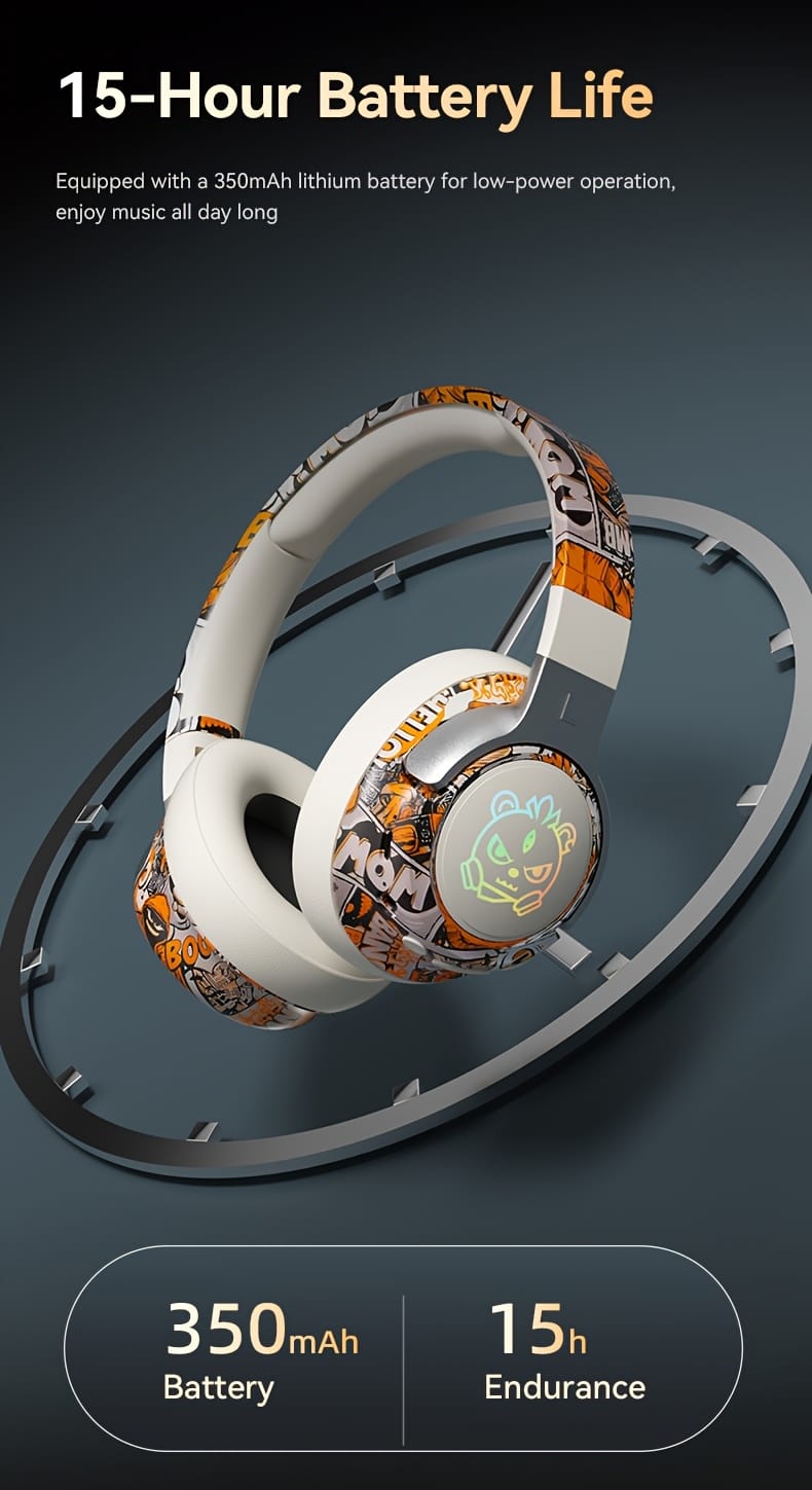 15-Hour Battery Life, Wireless Over-Ear Headphones with Lithium Battery - Low-Power Operation, Ideal for Gaming & Music, Outdoor Use, Push Button Control, Volume Control, No Charging Case, Gaming Headphones|Graffiti Design Headphones|Pushbutton Control Headphones