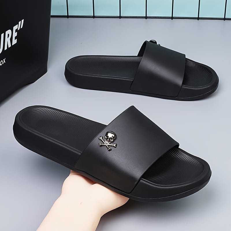 Men's Slip-On Sandals with Skull Buckle Design - Lightweight PVC Upper & EVA Sole, Anti-Slip Comfort for Beach, Casual, Indoor/Outdoor Use - All-Season Black Unisex Slippers
