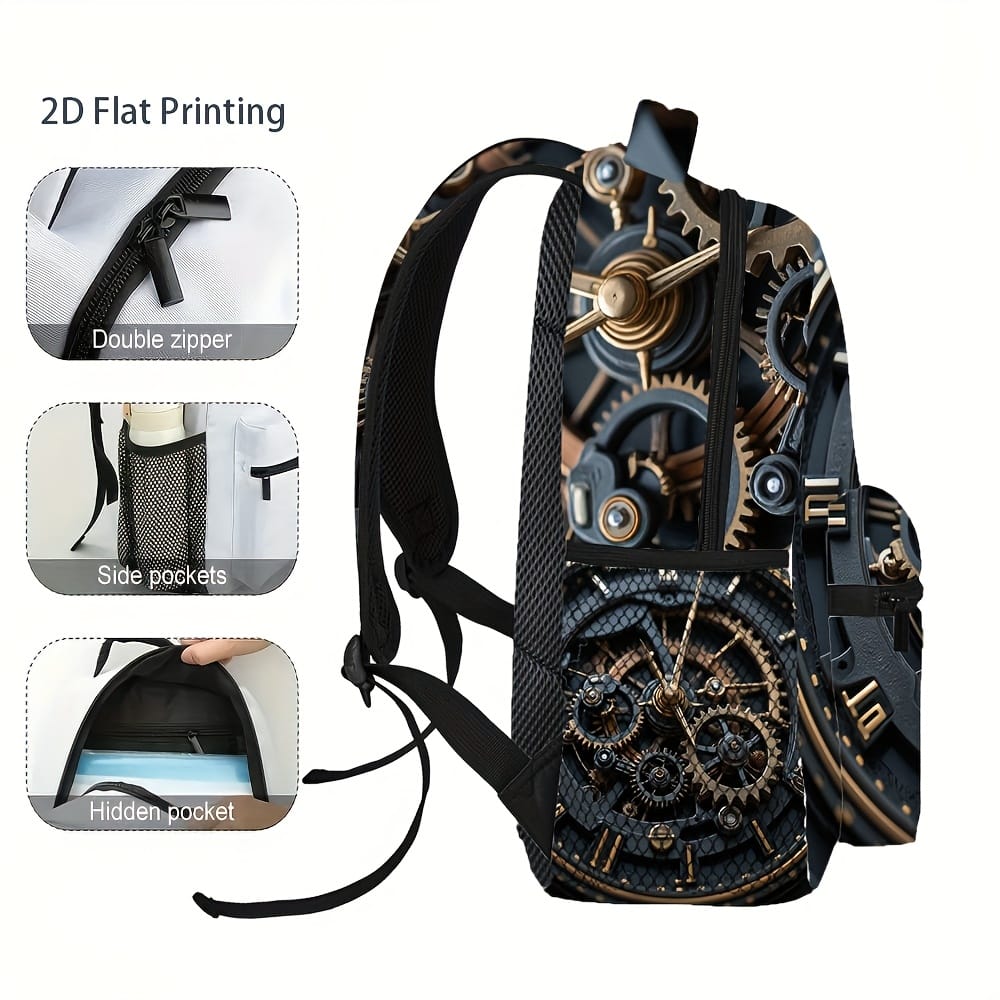 1pc Steampunk Clock Backpack - Adjustable Shoulder Straps, 2D Flat Printing, Mechanical Design, Perfect for Teens & Adults, Casual Outing Gear, Everyday Backpack | Vintage Backpack | Durable Backpack