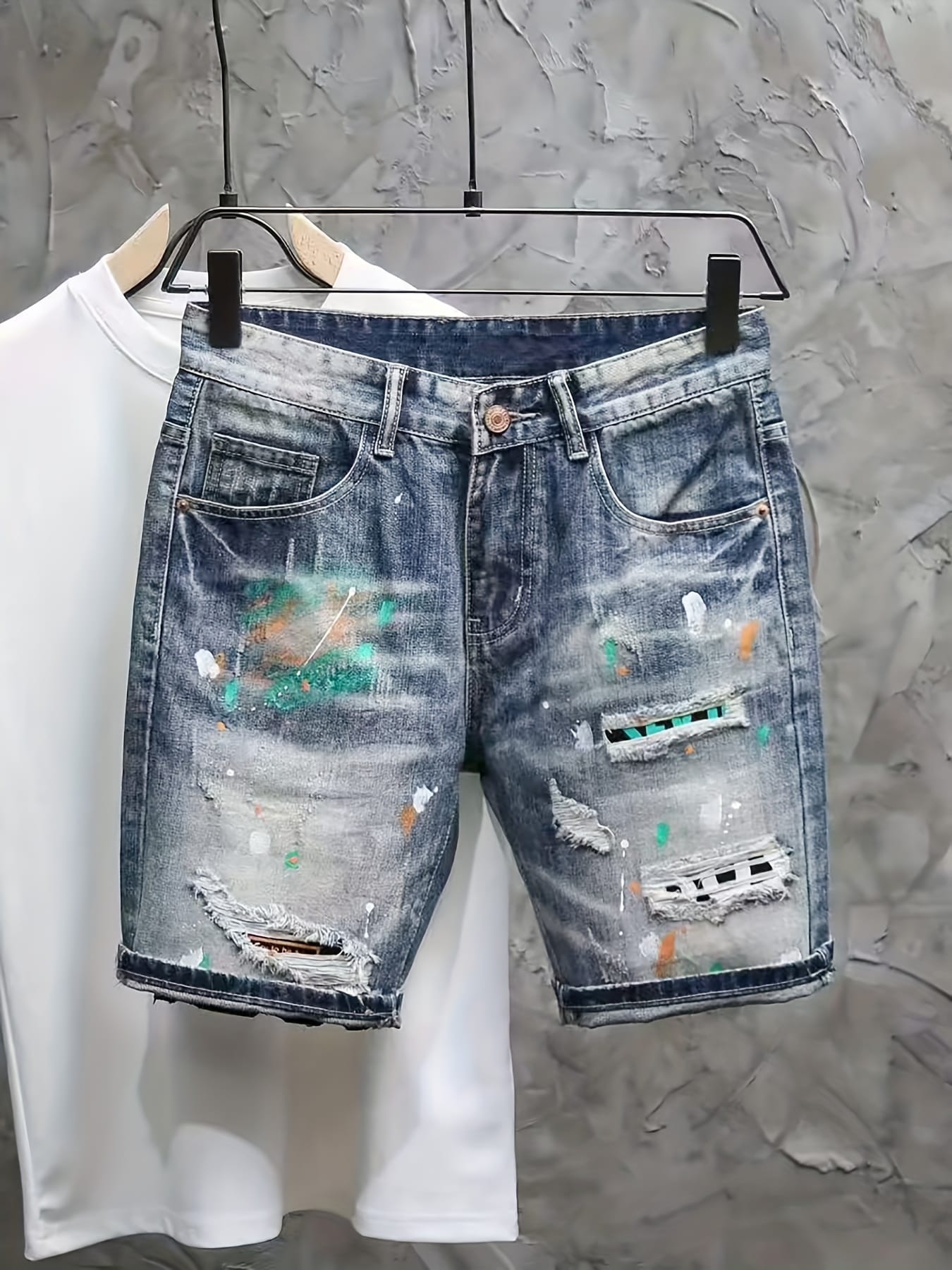 Men'S Non-Stretch Faux Denim Shorts - Classic Five-Pocket Mid-Thigh Length, Machine Washable Everyday Casual Pants for Summer Outfits, Faux Denim Shorts, Relaxed Fit, Geometric Pattern, Sturdy Construction, Streetwear Style, Outdoor Clothing, Durable Fabric, Urban Style