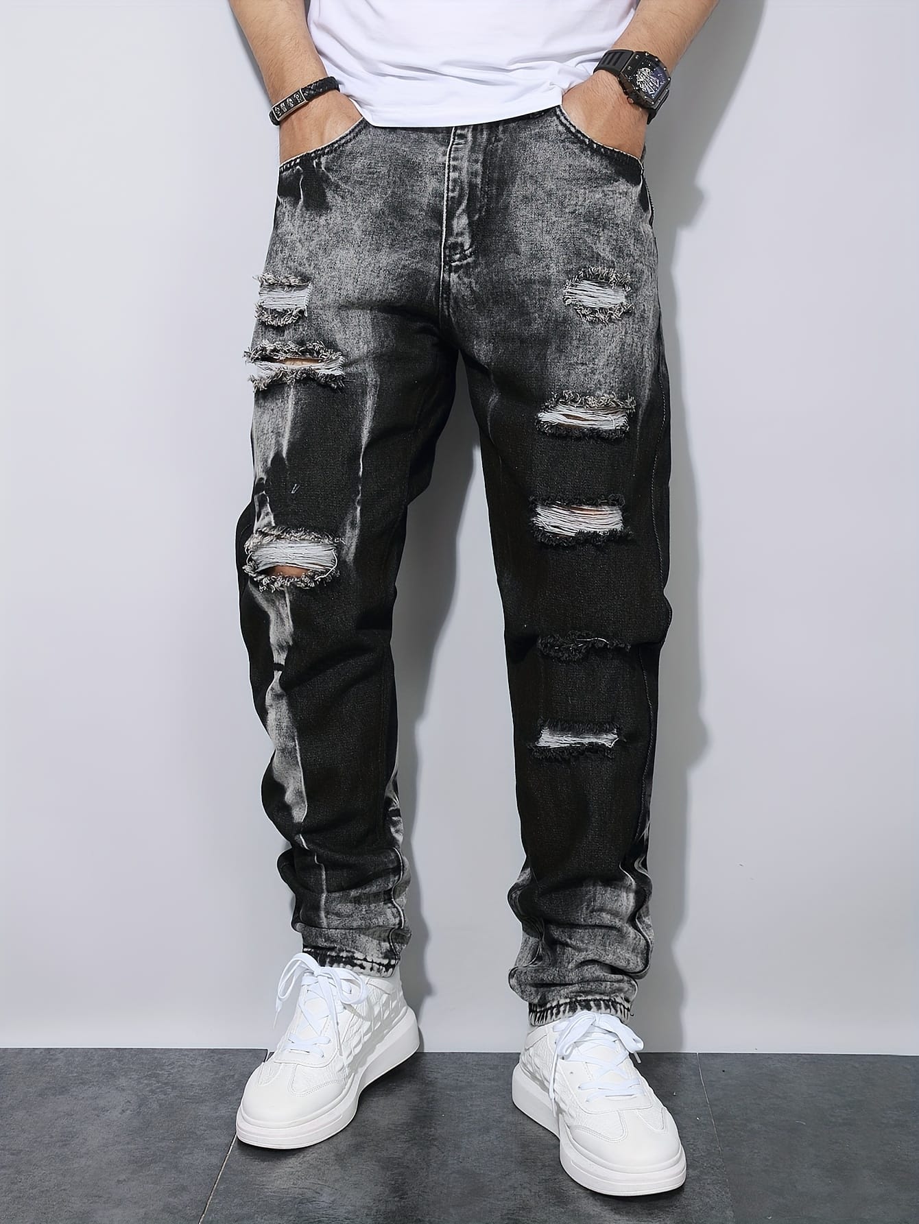 Men'S Black Distressed Faux Denim in European And American Style with Full Rips for Instagram.