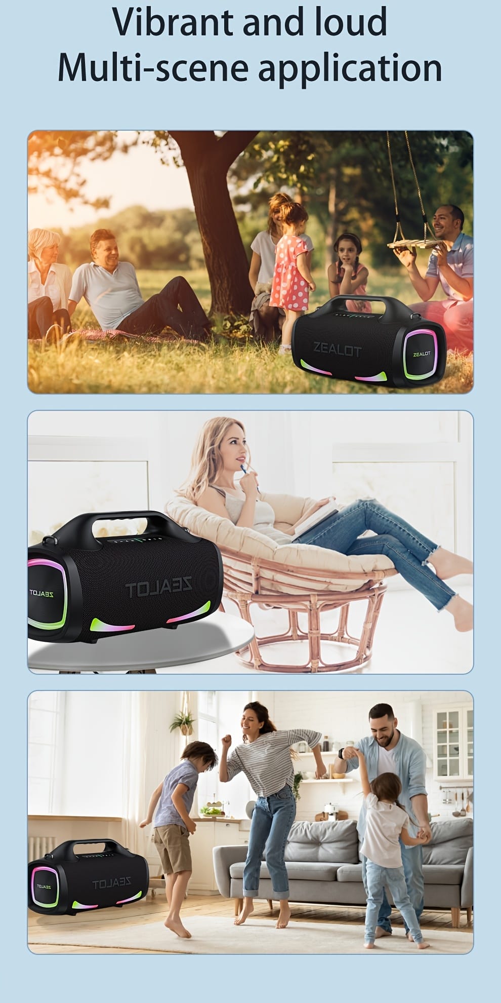 ZEALOT S79 Wireless Speakers, Outdoor Portable Subwoofer Speaker, IPX 5, Wireless Speaker, Dual Pairing, Long Battery Life, 36Hours Playtime Loud Stereo, Booming Bass. Charging Cable, Connect with Mobile Phone/Tablet/TV. for Home, Car, Outdoor, Camping, PartyBox.