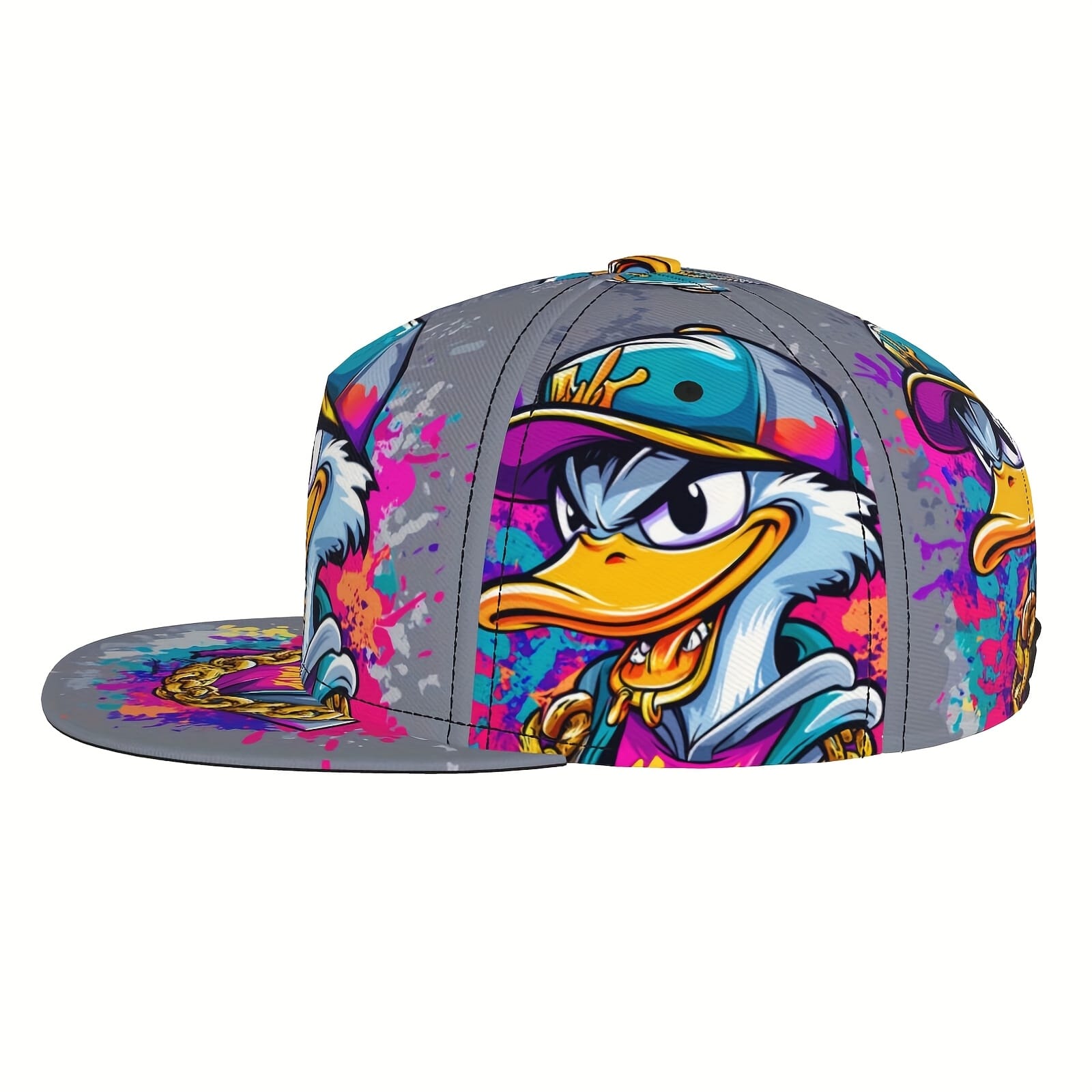Unisex Adjustable Snapback Baseball Cap - Vibrant Graffiti Cartoon Duck Street Art Design, Lightweight 100% Polyester, Machine Washable, Flat Brim Trucker Hat for Men & Women, Perfect Gift for Father's Day, Mother's Day, Beach & Casual Wear