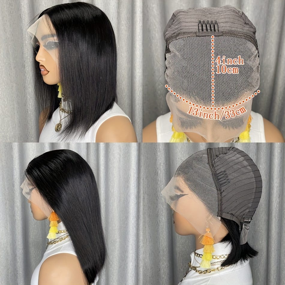 A 13X4 Lace Front Human Hair Wig Featuring a Short Straight Bob Style, Complete with Baby Hair And Pre-Plucked HD Lace. This Brazilian Remy Human Hair Wig for Women Has a Density of 150%.