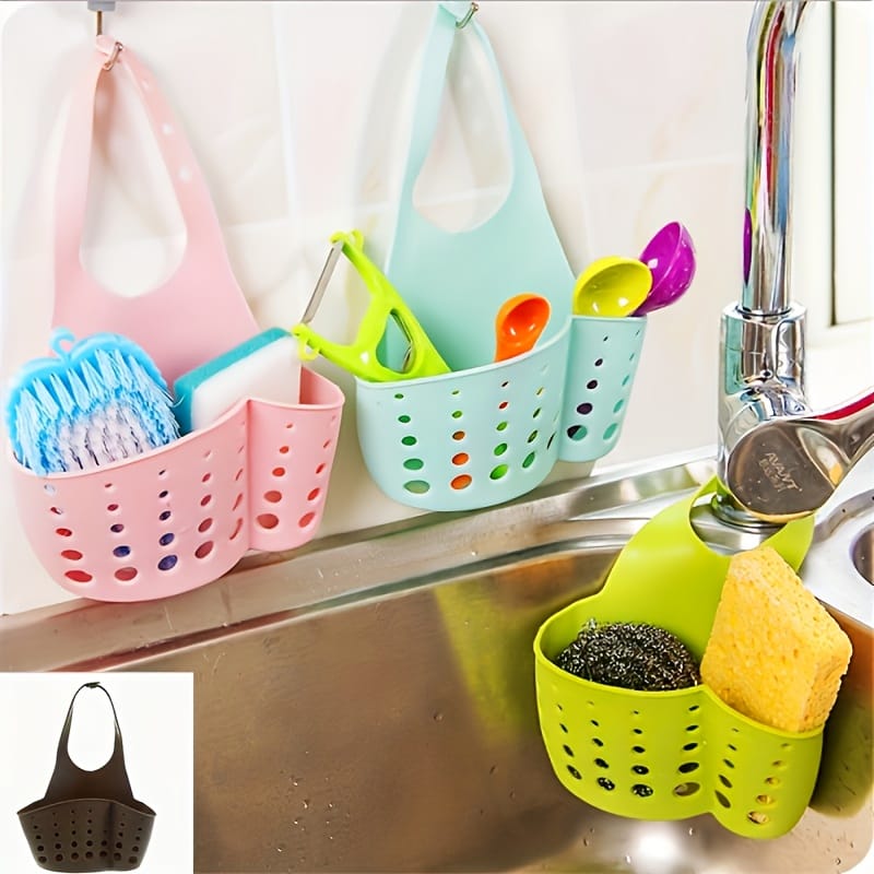 1pc Adjustable Kitchen Sink Organizer with Drain Hole - Heavy-Duty Faucet Sponge Holder, Space-Saving Countertop Storage Basket, Compatible with Sponge, Scrub Pad, Soap Bar - Under Faucet or Over Sink Installation - Durable Plastic Construction, Kitchen Sink Accessories, Perforated Design, Sturdy Construction, Home Cooks