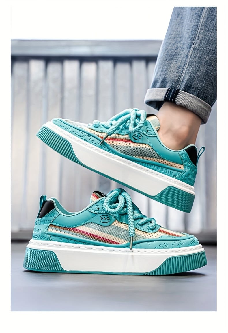 Men'S Low-Top Casual Sneakers - White with Colorful Stripes, Breathable Fabric Lining & Cushioned PVC Sole, Comfortable Round Toe for All-Season Outdoor, Daily Wear & Light Sports, Stylish Sporty Design, Laceup Shoes, Durable Footwear