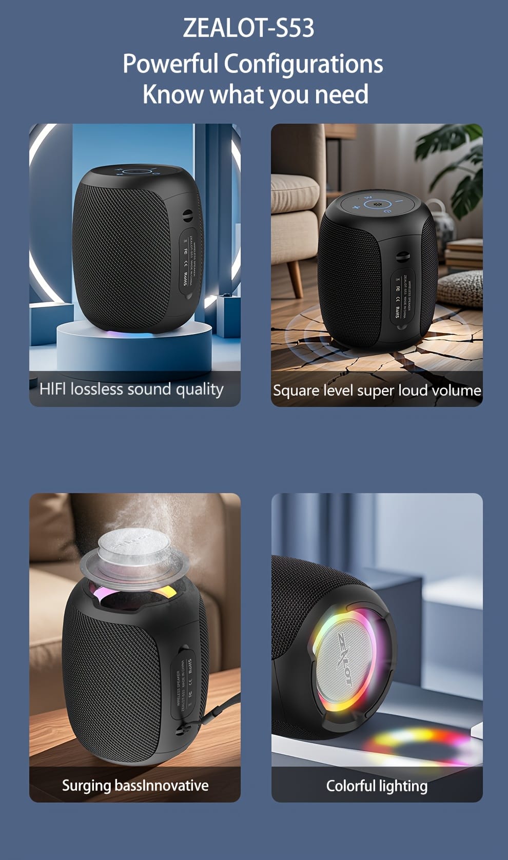 ZEALOT S53 Wireless Speakers, Wireless Speaker, Dual Pairing, 3600mAh Battery, 24 Hours Playtime Loud Stereo, Booming Bass, Charging Cable, Connect with Mobile Phone/Tablet/TV