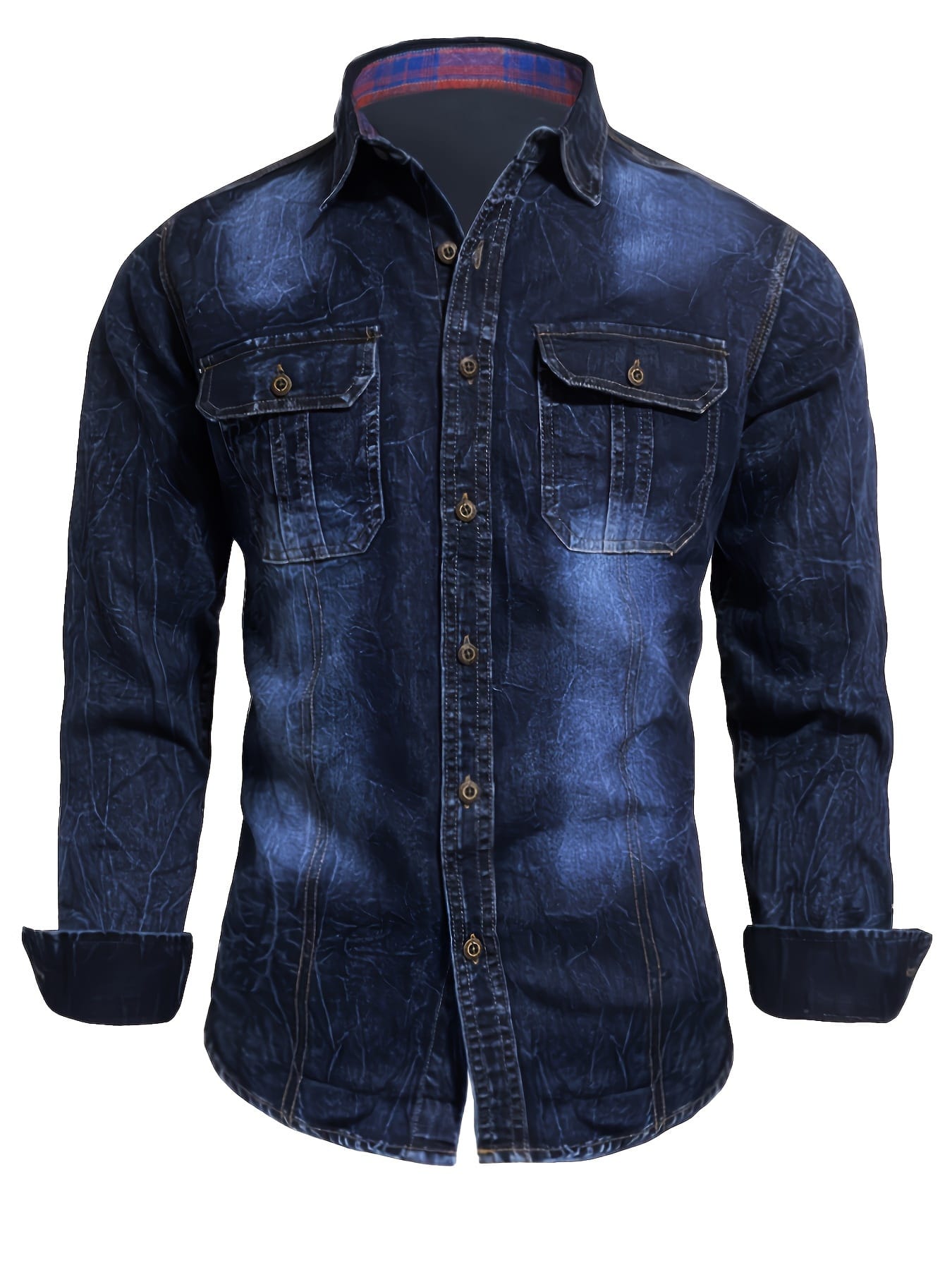 Men'S Slim-Fit Blue Denim Shirt with Double Pockets - Long Sleeve, Button-Up Casual Top for All Seasons, Versatile Fashion, Casual Wear|Slim Fit Shirt|Durable Fabric