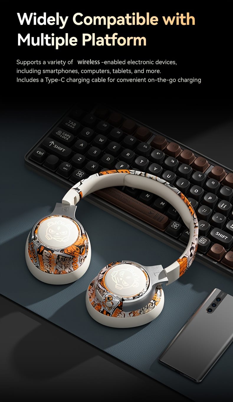 15-Hour Battery Life, Wireless Over-Ear Headphones with Lithium Battery - Low-Power Operation, Ideal for Gaming & Music, Outdoor Use, Push Button Control, Volume Control, No Charging Case, Gaming Headphones|Graffiti Design Headphones|Pushbutton Control Headphones