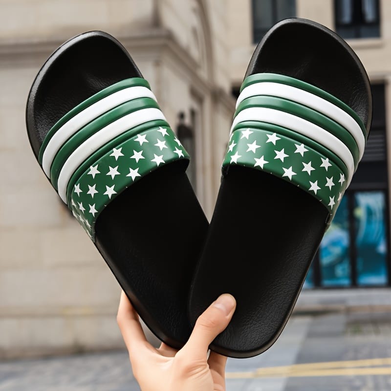 Men's Black Slides with Red & White Star Pattern - Non-Slip, Odor-Resistant Summer Slippers for Indoor & Outdoor Use, Comfortable EVA/PU Upper & Rubber Sole