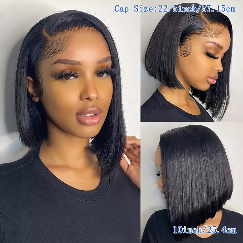 A 13X4 Lace Front Human Hair Wig Featuring a Short Straight Bob Style, Complete with Baby Hair And Pre-Plucked HD Lace. This Brazilian Remy Human Hair Wig for Women Has a Density of 150%.
