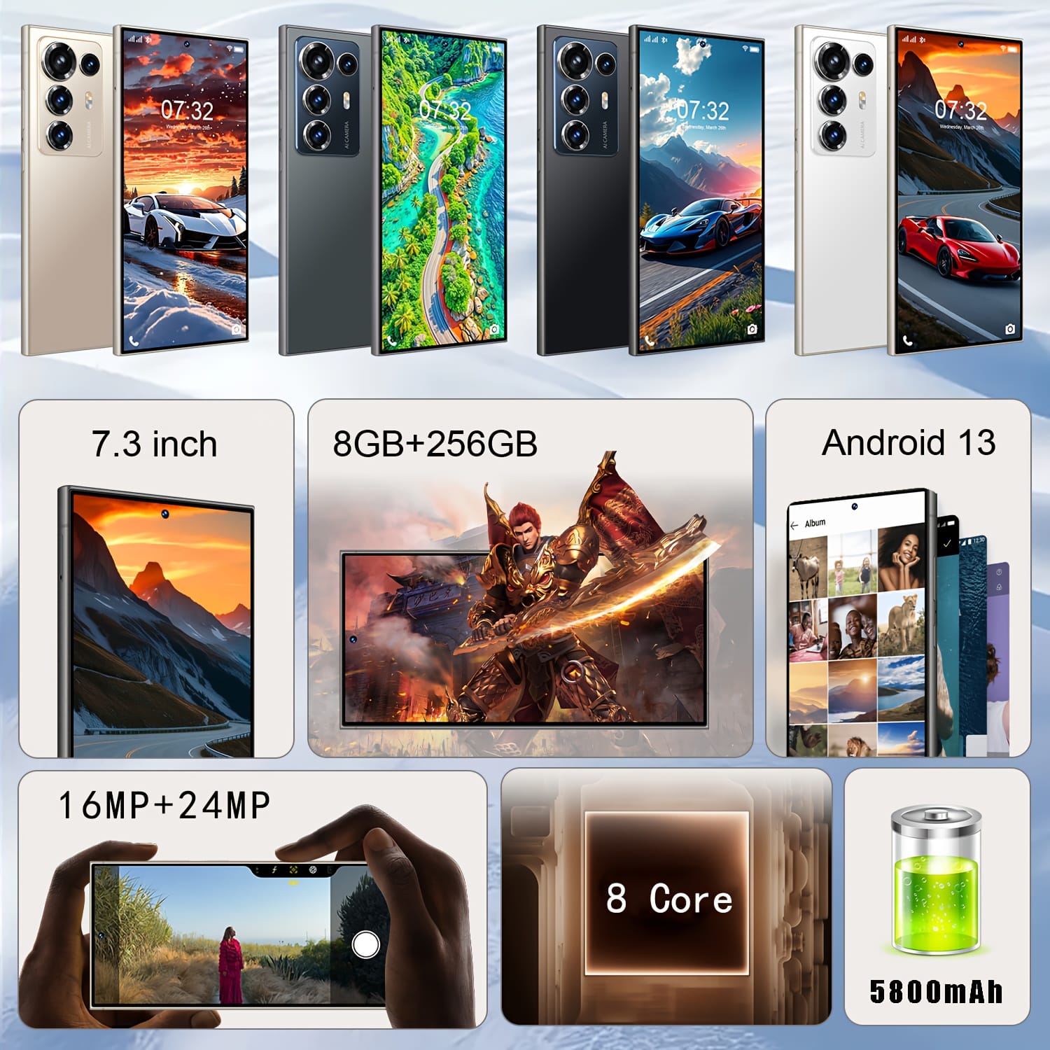 Unlocked Large-Screen Smart Phone, All-New Global Android 5G Phone, Featuring a 7.3-Inch Extra-Large HD Display, 8GB + 256GB Storage, 5800Mah High-Capacity Battery, 16MP + 24MP Cameras, Android 13 System with an 8-Core Processor.